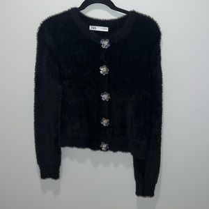 Zara size small black, fuzzy eyelash sweater with cute buttons